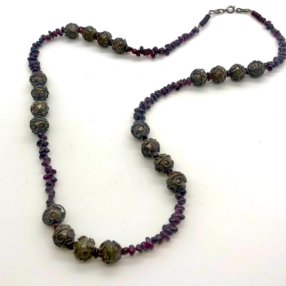 Vintage Deco Garnet Filigree Bead Necklace - Picture 10 of 15